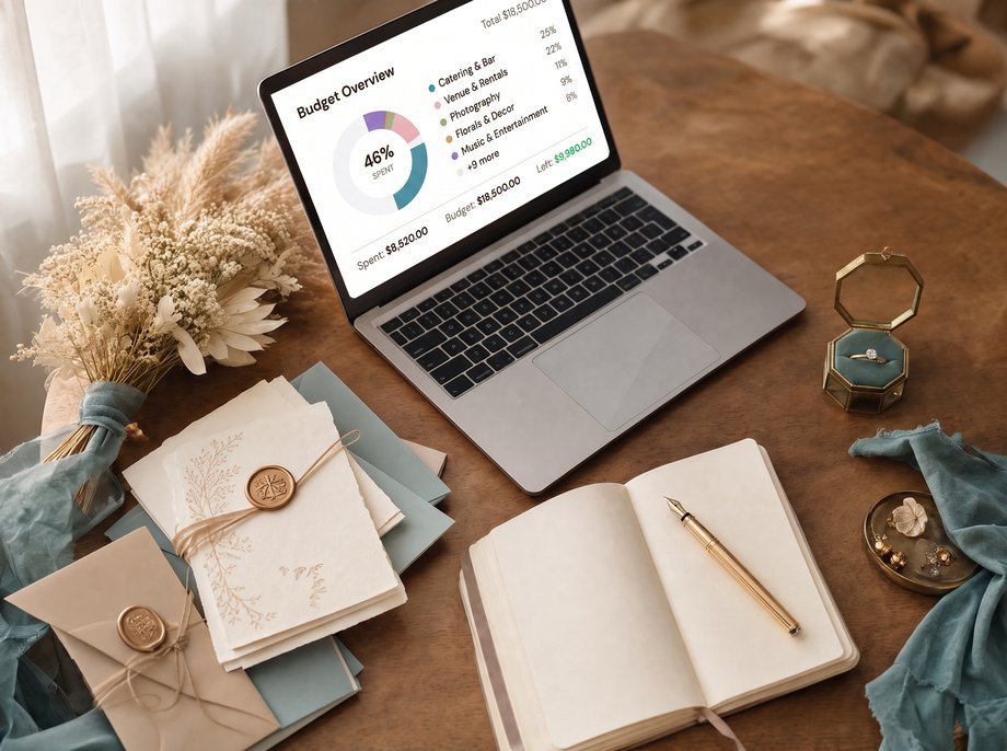 Laptop showing the Big Day Wedding Planner dashboard, styled with wedding invitations, dried flowers and a ring box