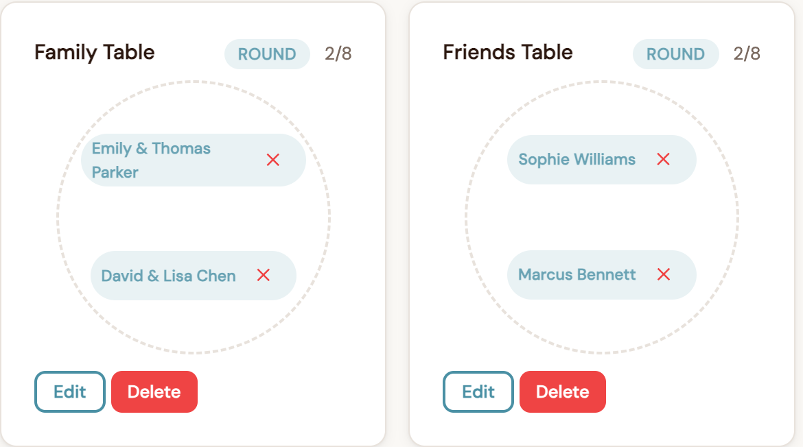 Seating Chart screenshot showing tables and assigned guests