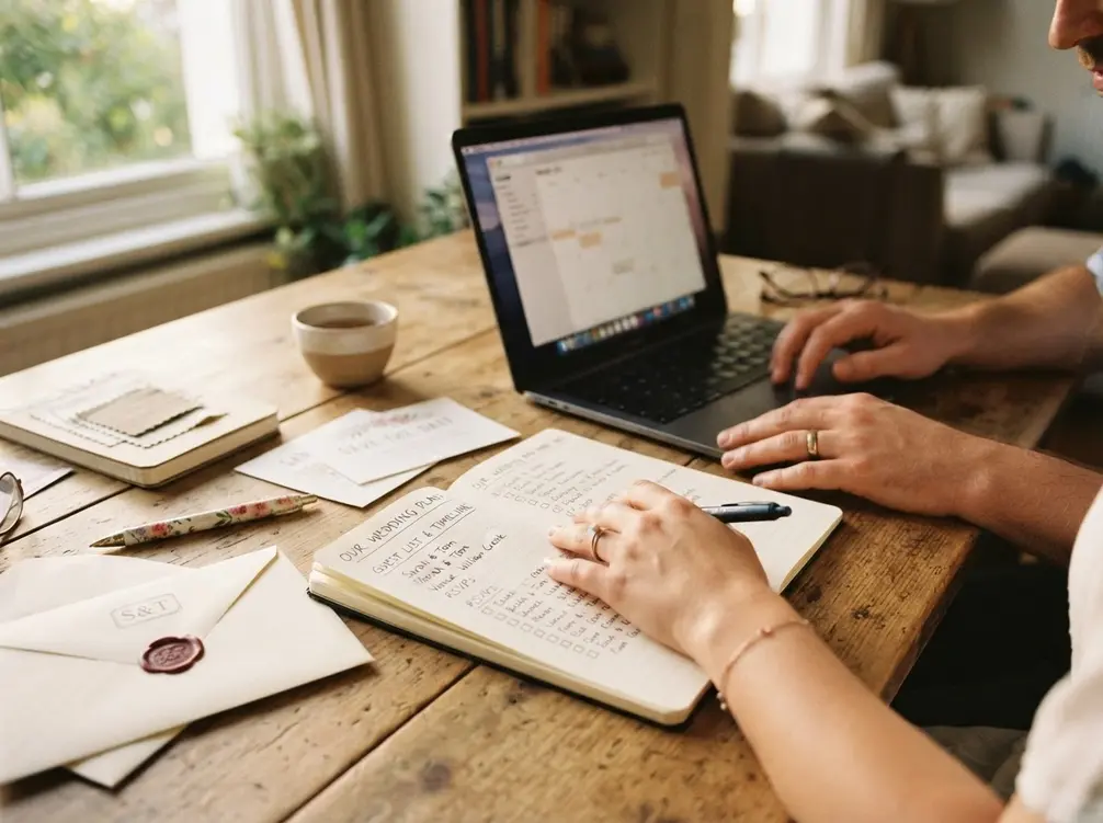 How To Choose A Wedding Venue In 2026: Costs, Red Flags 1 Couple reviewing a wedding venue booking checklist together to figure out the right order to book vendors