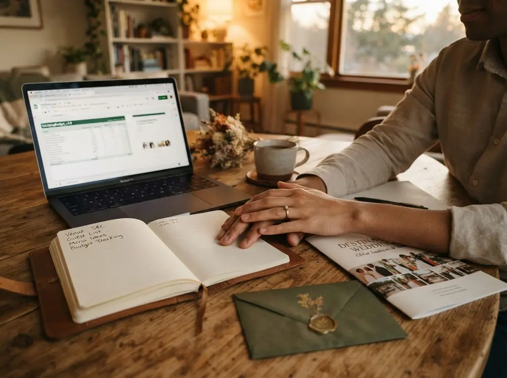 How To Plan A Multicultural Wedding: Timing Two Ceremonies 1 Couple reviewing a multicultural wedding planning timeline with checklists for two ceremonies