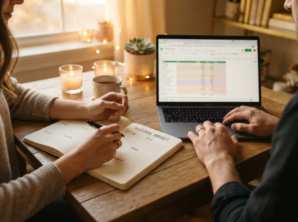 Couple reviewing a wedding budget guide and catering invoice together at a kitchen table
