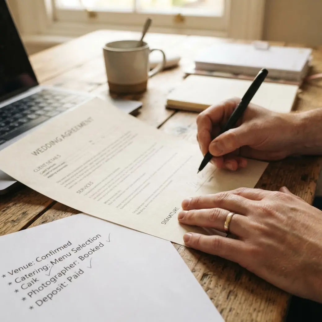 Wedding Contract Template: 9 Clauses To Check First 3 Close-up of a printed wedding contract template with a pen resting on the signature line