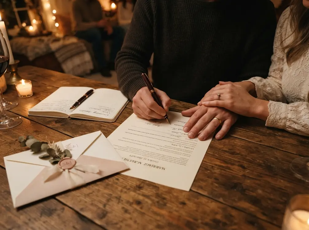Wedding Contract Template: 9 Clauses To Check First 1 Couple reviewing a wedding contract template together at a kitchen table
