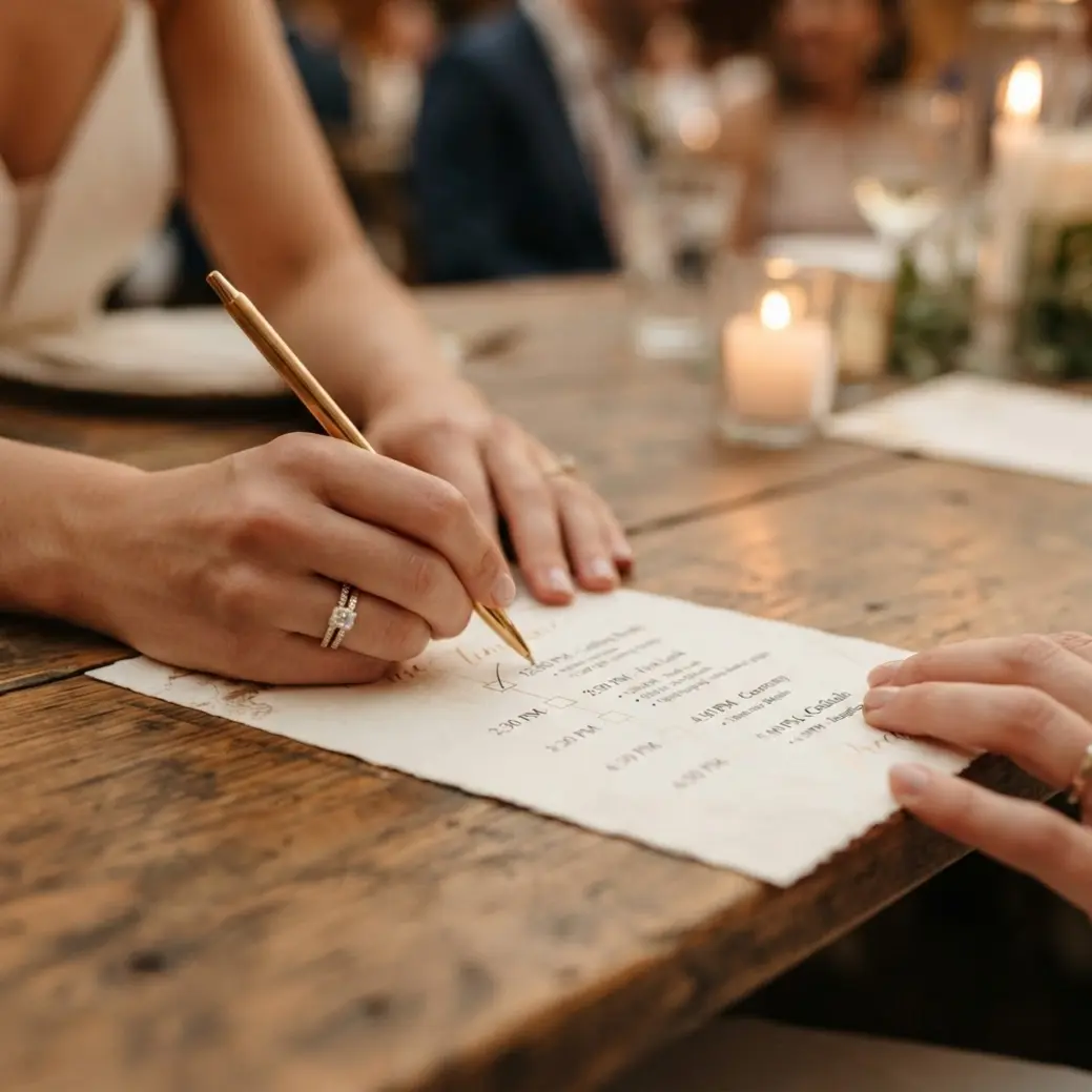 Close-up of a printed wedding day timeline template with buffer times marked between ceremony and reception