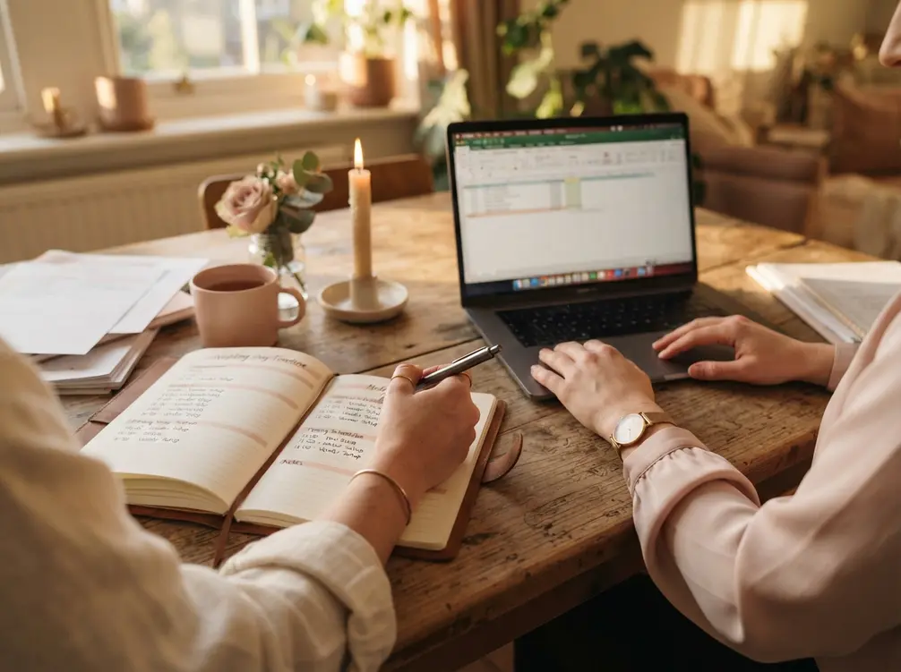Couple reviewing a wedding day timeline template on a clipboard before the ceremony