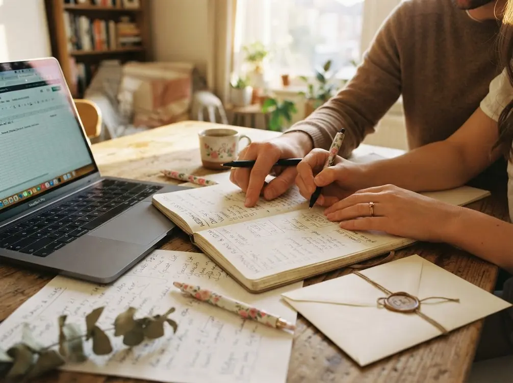 Couple reviewing a wedding planning guide checklist together while mapping out vendor booking order