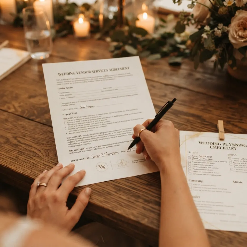 Close-up of a wedding vendor contract with a guest-count deadline clause highlighted