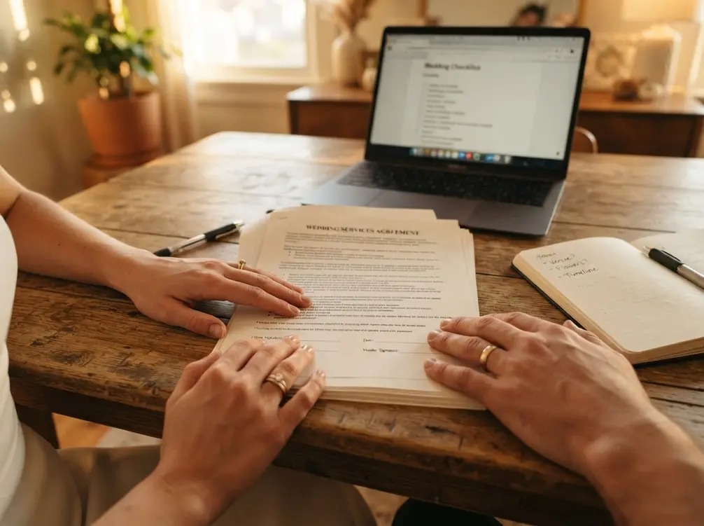Couple reviewing a wedding vendor contract together at a kitchen table