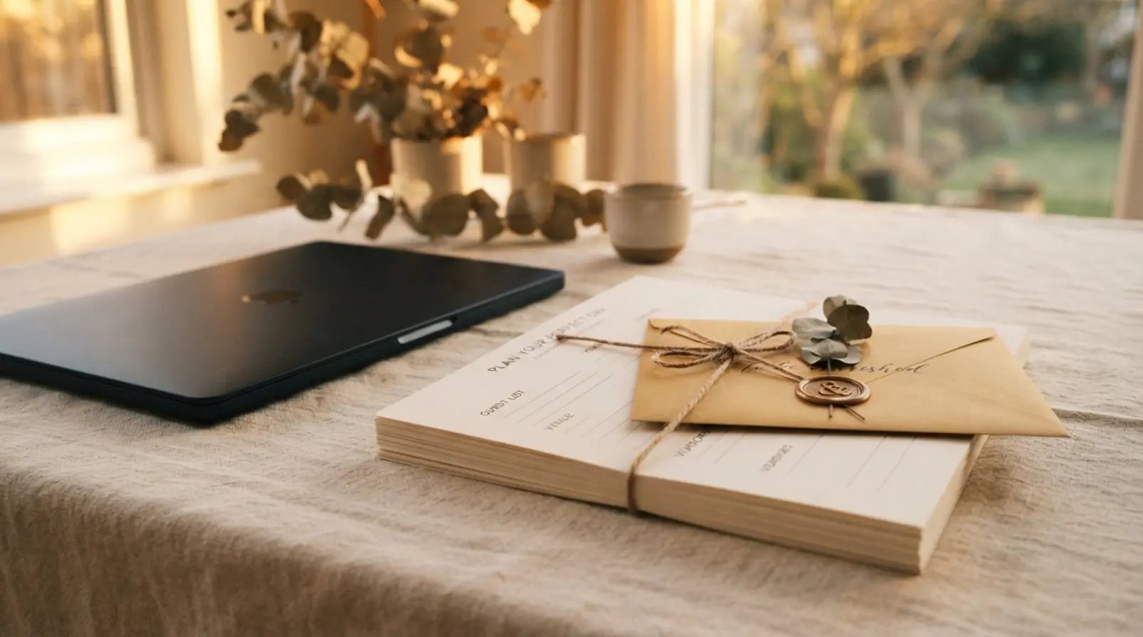 Couple signing a wedding vendor contract calmly after resolving family guest-list politics