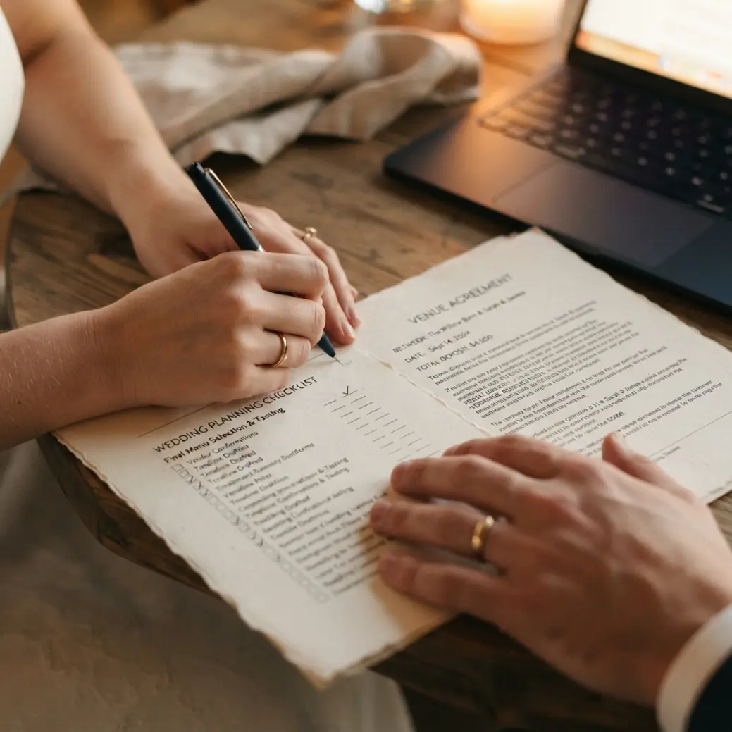 Close-up of a couple reviewing wedding venue contract clauses and guest list terms