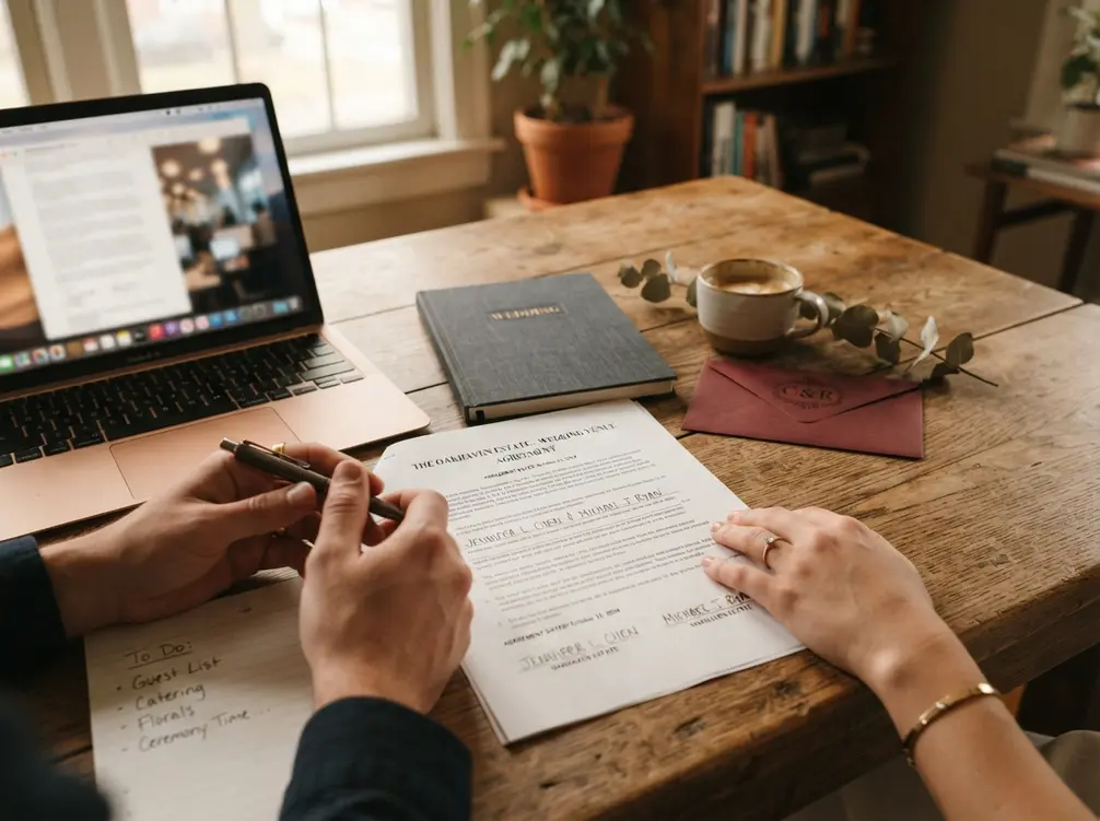 Couple reviewing a wedding venue contract together at a kitchen table
