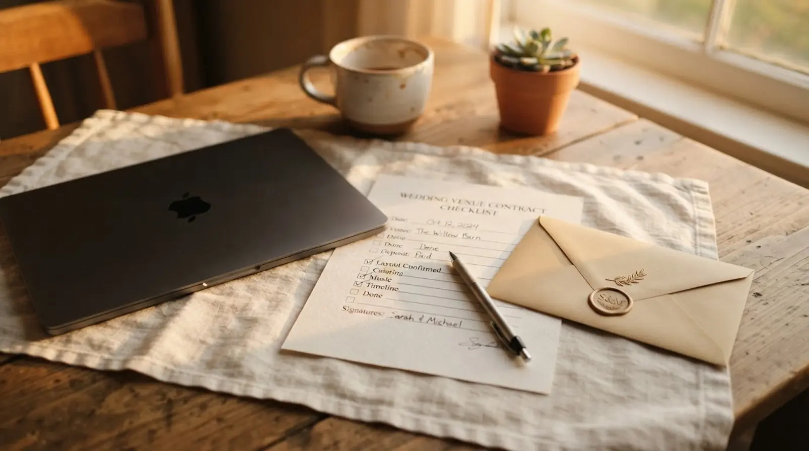 Couple signing a wedding venue contract after negotiating guest list and family funding terms