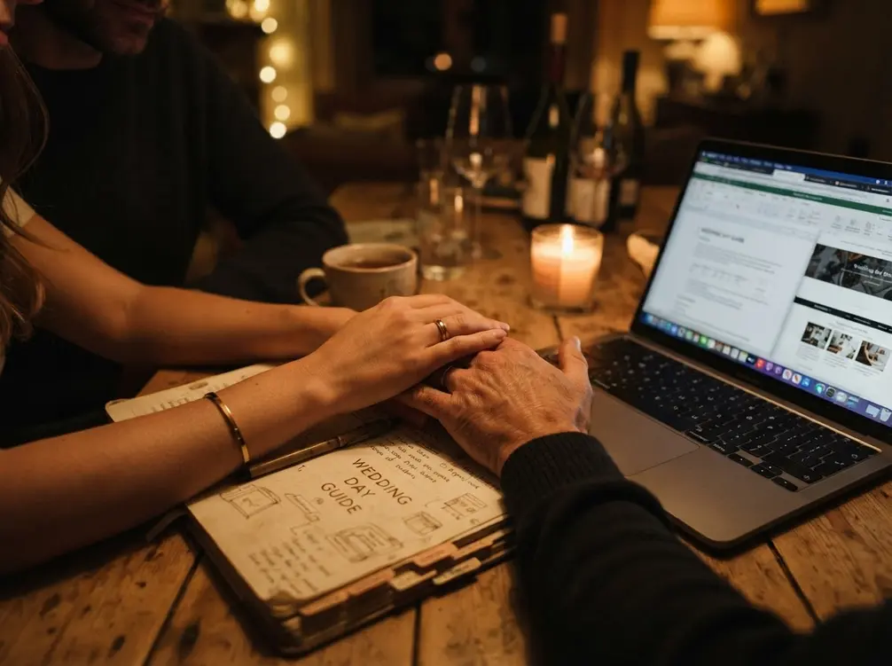 Your Wedding Day Guide: Where To Put The Buffers 1 Couple reviewing a wedding day guide timeline with vendor arrival times marked