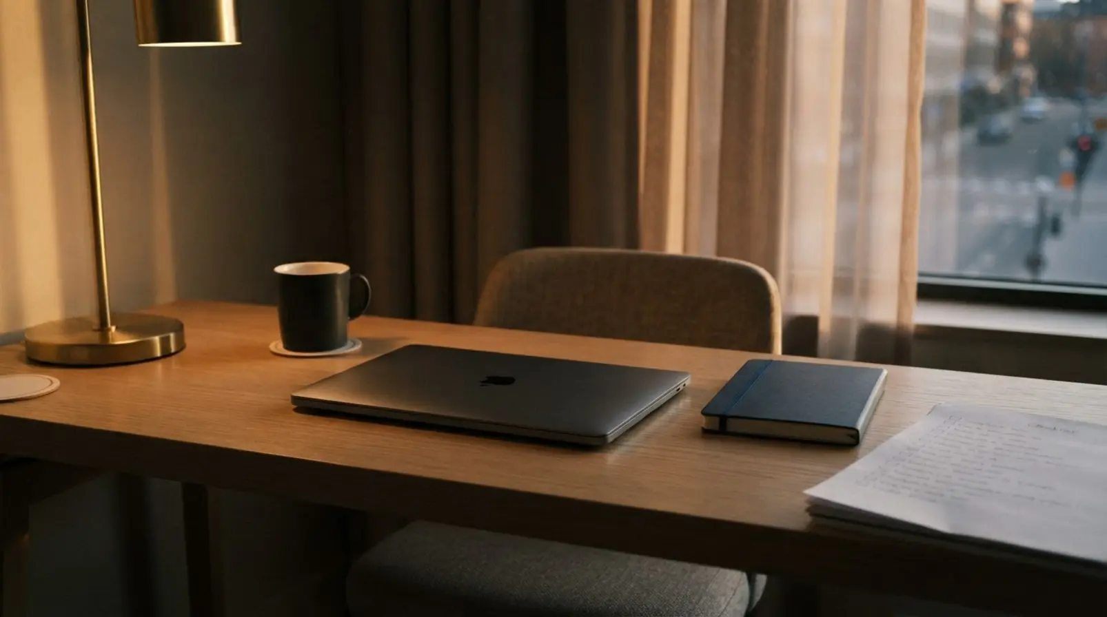 A couple sitting together at a kitchen table reviewing documents beside a laptop, a small ring box on the table between them