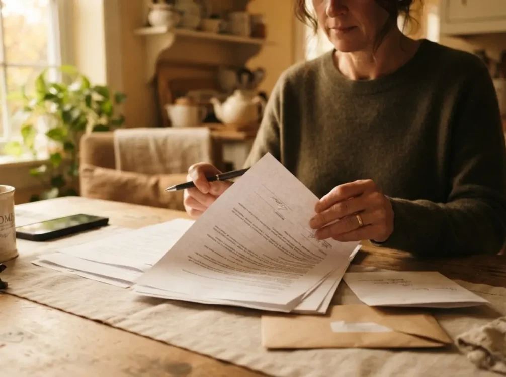 How to postpone a wedding: couple reviewing wedding vendor contracts and documents spread across a table, preparing a postponement plan