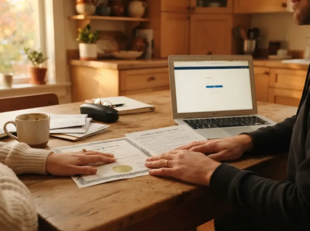 Legal things to do after getting married: newlywed couple reviewing legal documents and a marriage certificate at a kitchen table after the wedding