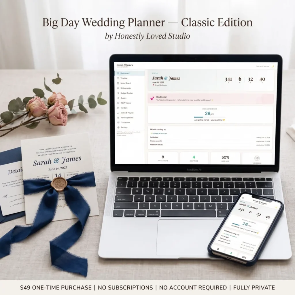 Big Day Wedding Planner Classic Edition shown on laptop and phone, displaying seating chart and RSVP tracker, $49 one-time purchase