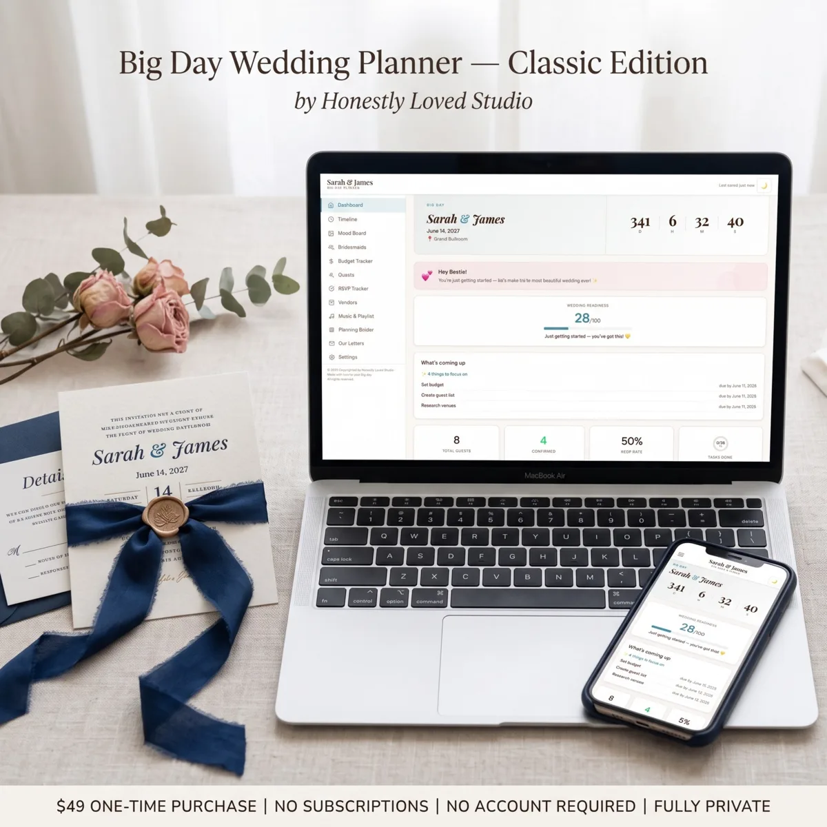 Big Day Wedding Planner Classic Edition shown on laptop and phone, displaying seating chart and RSVP tracker, $49 one-time purchase