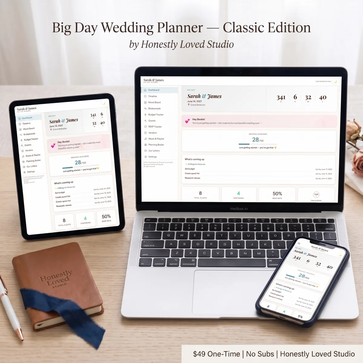 Big Day Wedding Planner Classic Edition shown on laptop and phone, displaying seating chart and RSVP tracker, $49 one-time purchase