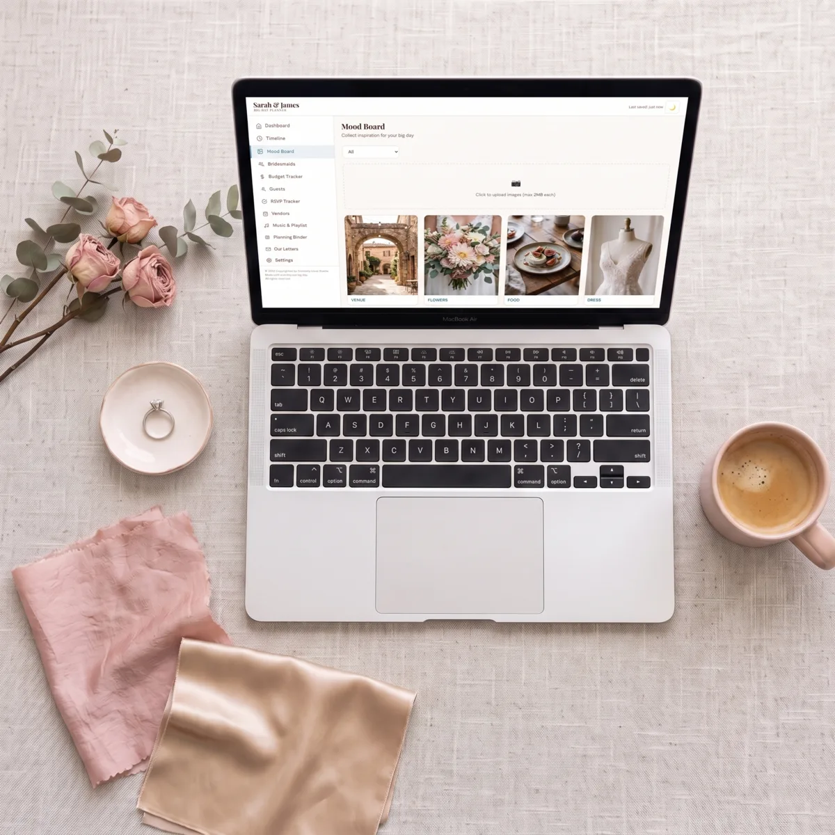 Big Day Wedding Planner Classic Edition shown on laptop and phone, displaying seating chart and RSVP tracker, $49 one-time purchase