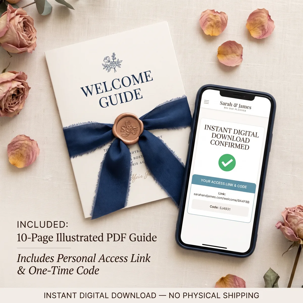 Big Day Wedding Planner Classic Edition shown on laptop and phone, displaying seating chart and RSVP tracker, $49 one-time purchase