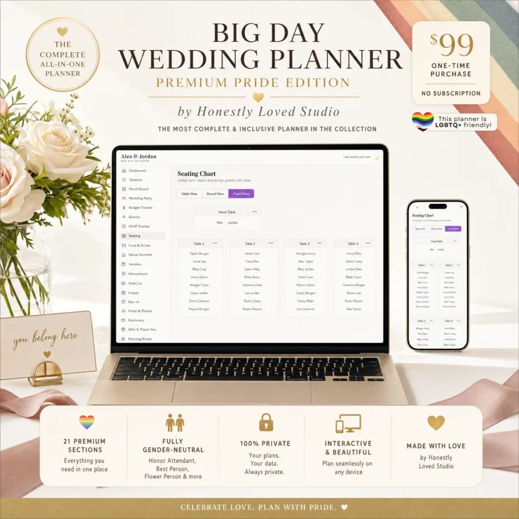 Big Day Wedding Planner Premium Pride Edition shown on laptop and phone, displaying seating chart and RSVP tracker, $99 one-time purchase