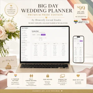 Big Day Wedding Planner Premium Pride Edition shown on laptop and phone, displaying seating chart and RSVP tracker, $99 one-time purchase