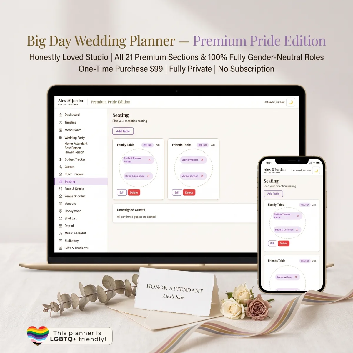 Big Day Wedding Planner Premium Pride Edition shown on laptop and phone, displaying seating chart and RSVP tracker, $99 one-time purchase