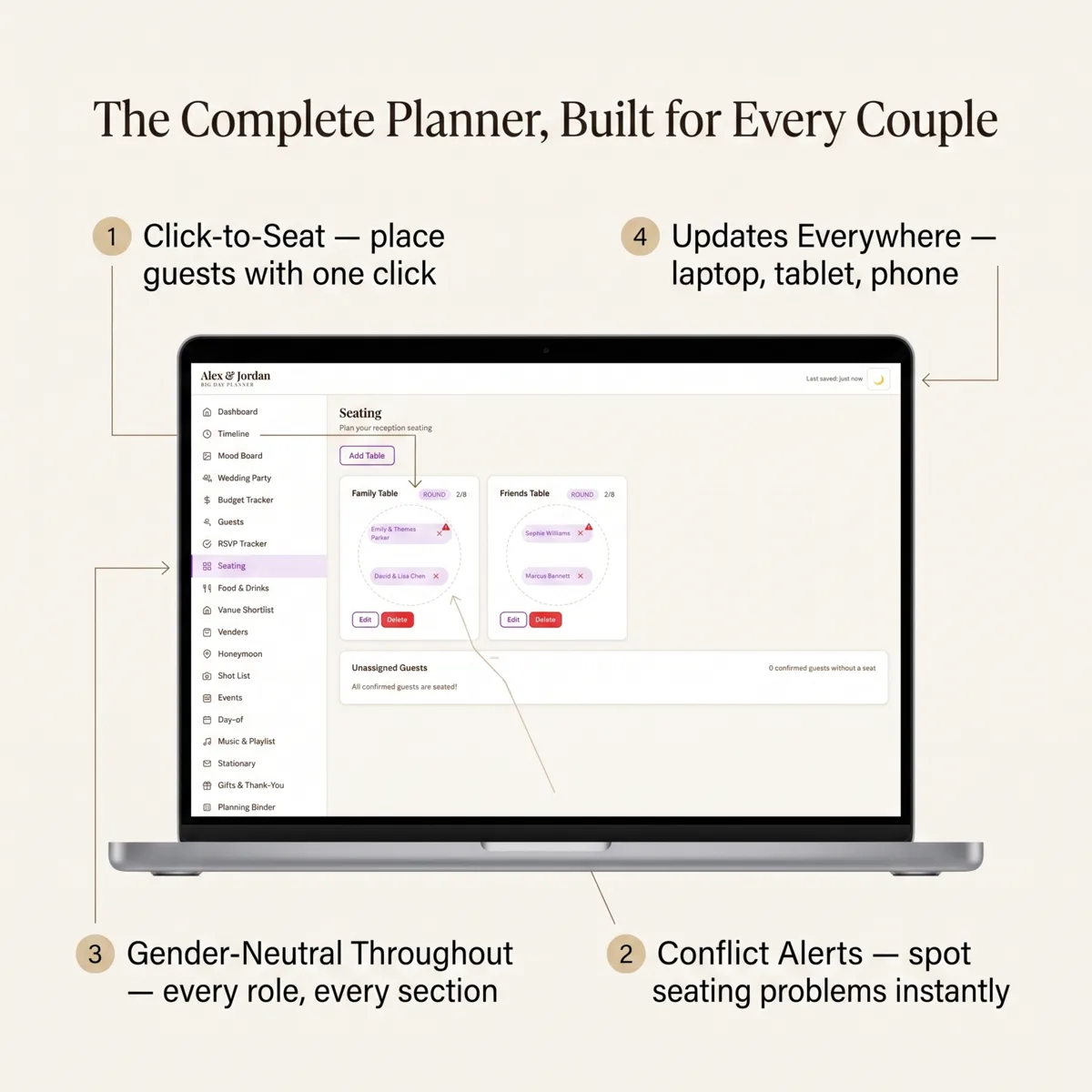 Big Day Wedding Planner Premium Pride Edition shown on laptop and phone, displaying seating chart and RSVP tracker, $99 one-time purchase