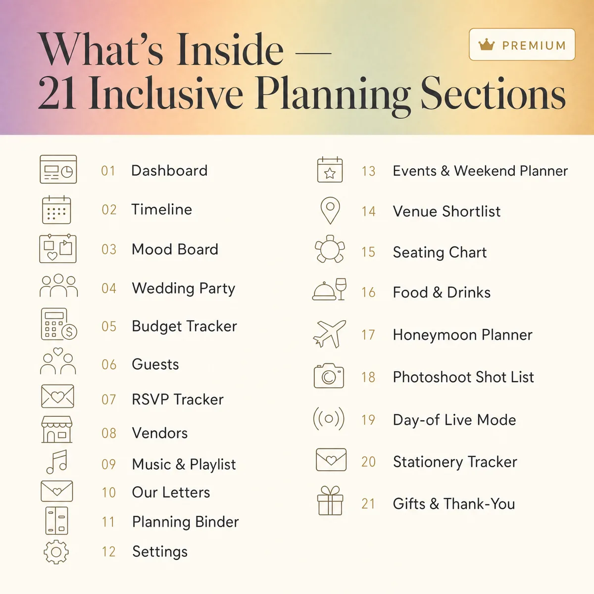 Big Day Wedding Planner Premium Pride Edition shown on laptop and phone, displaying seating chart and RSVP tracker, $99 one-time purchase