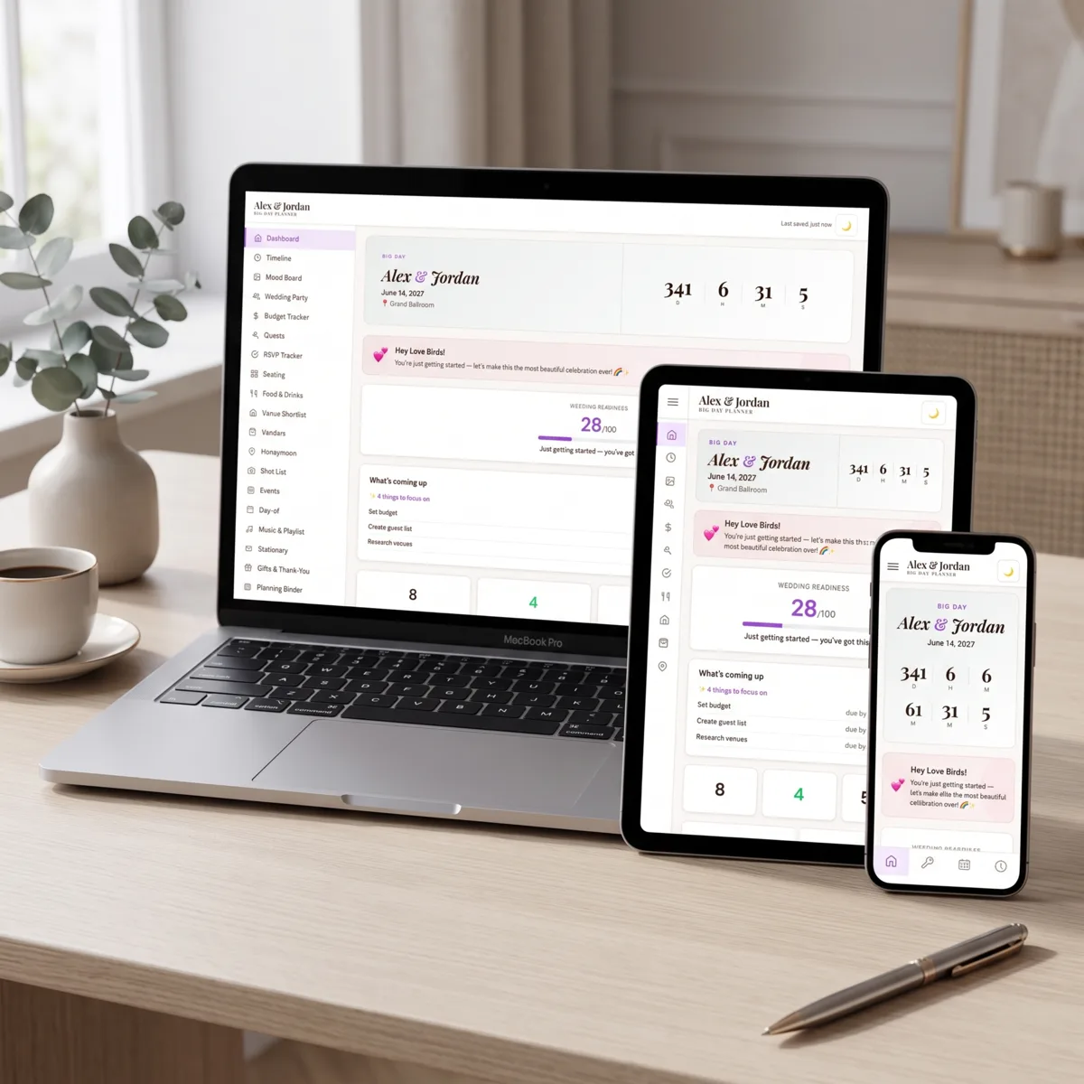 Big Day Wedding Planner Premium Pride Edition shown on laptop and phone, displaying seating chart and RSVP tracker, $99 one-time purchase
