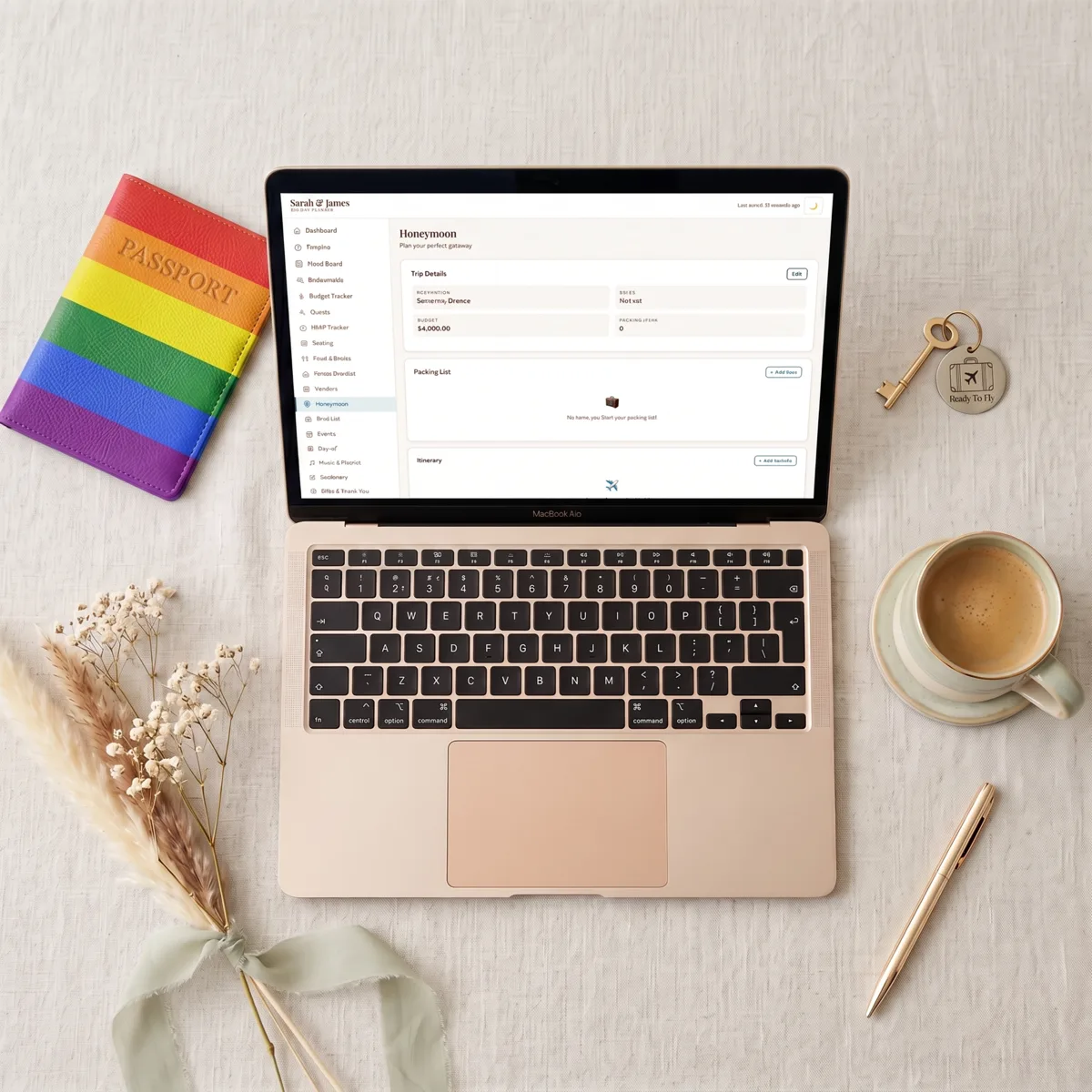 Big Day Wedding Planner Premium Pride Edition shown on laptop and phone, displaying seating chart and RSVP tracker, $99 one-time purchase