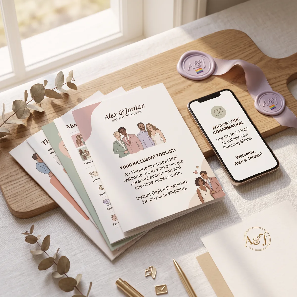 Big Day Wedding Planner Premium Pride Edition shown on laptop and phone, displaying seating chart and RSVP tracker, $99 one-time purchase