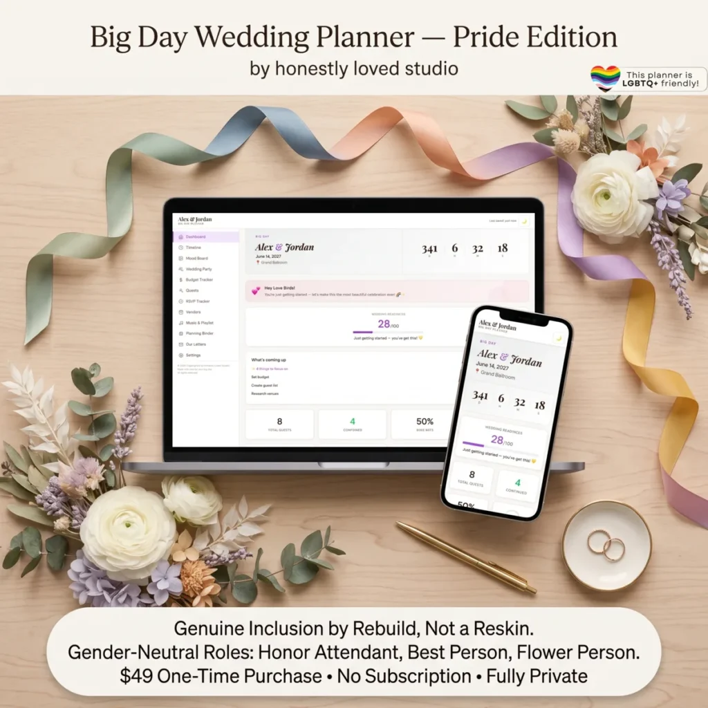 Big Day Wedding Planner Pride Edition shown on laptop and phone, displaying seating chart and RSVP tracker, $49 one-time purchase